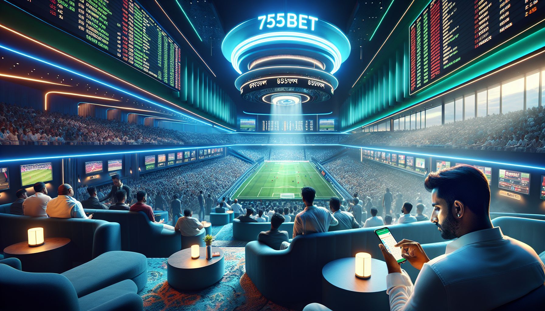 Bangladeshi sports fan checking live betting lines on a phone with a bright 7555bet-themed stadium setting
