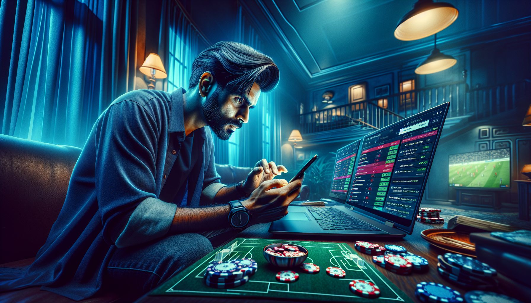 Focused bettor in Bangladesh using mobile and laptop to follow live sports odds during an intense match