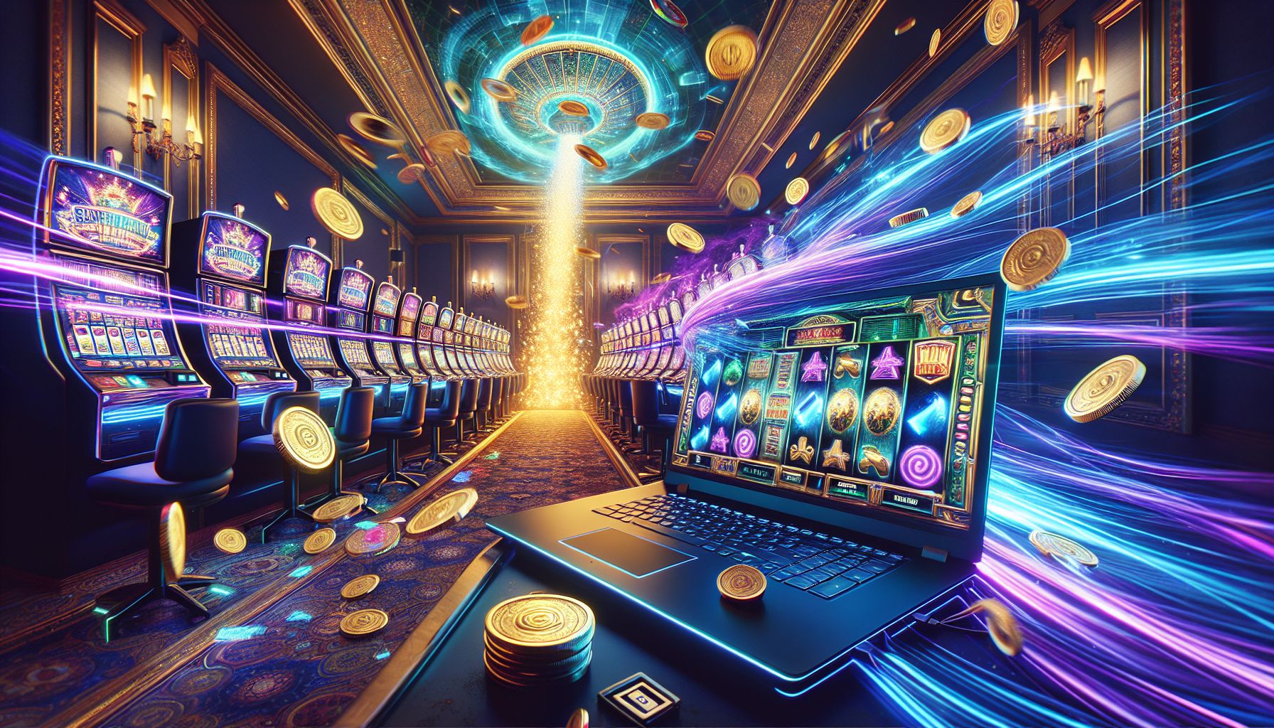 Laptop displaying a vibrant online casino interface with spinning symbols, gold coins and bright motion trails for 7555bet in Bangladesh