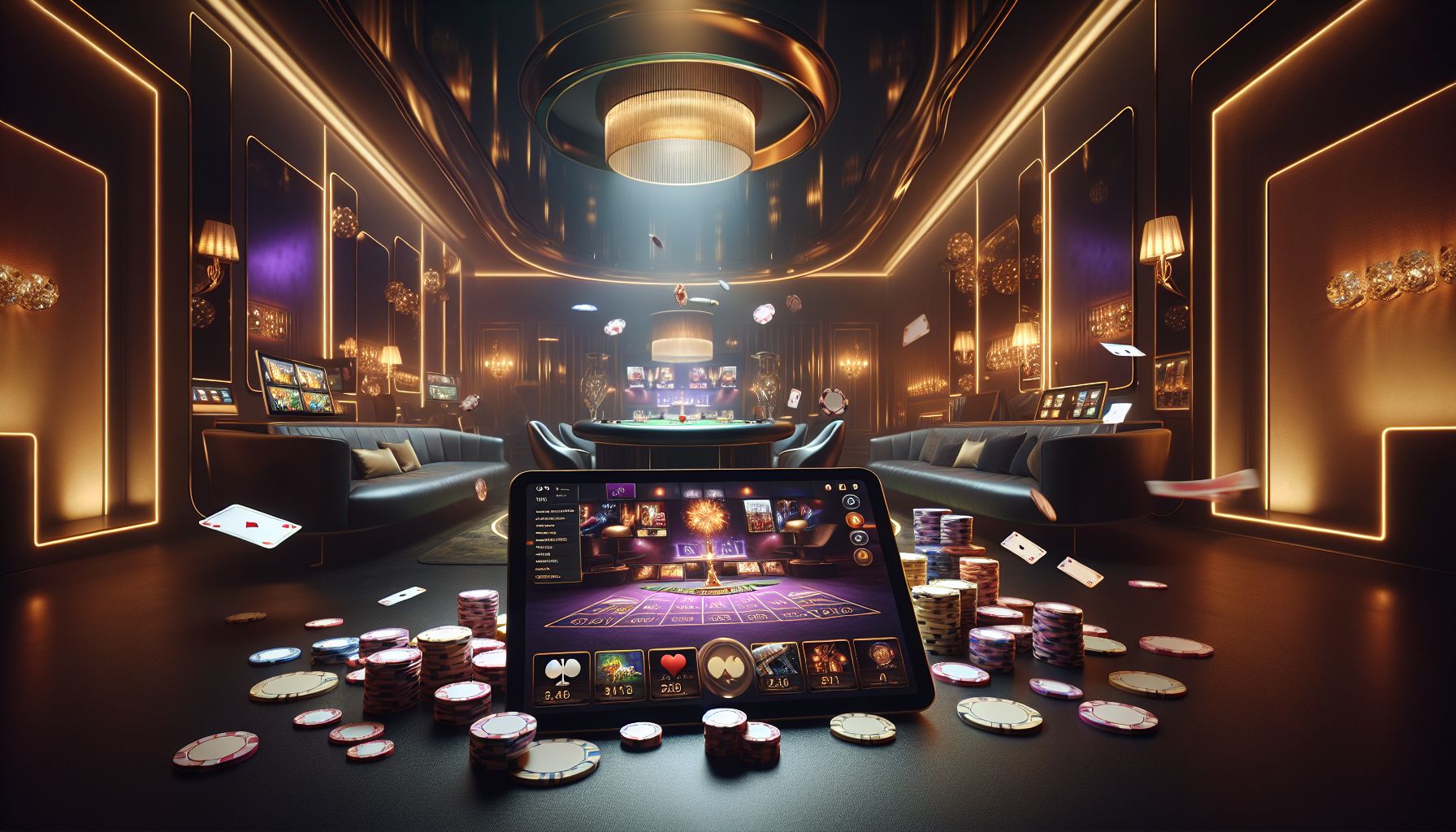 Focused gamer in a modern neon-lit setting with floating cards, chips and digital game symbols representing 7555bet in Bangladesh